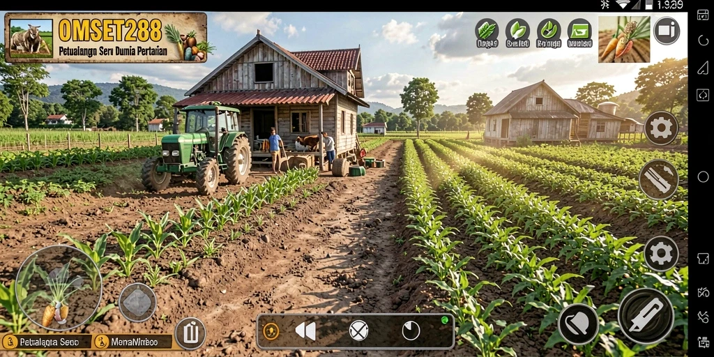 Tampilan gameplay seru dalam OMSET288 yang menampilkan pertanian penuh warna.