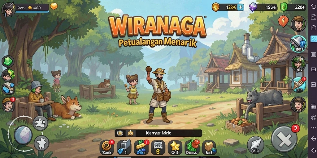 Tangkapan layar utama WIRANAGA menampilkan petualangan pertempuran di dunia Idle.